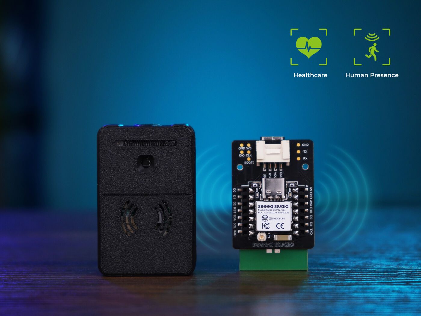 MediAlert prototype kit — XIAO ESP32-C6 and MR60BHA2 mmWave sensor